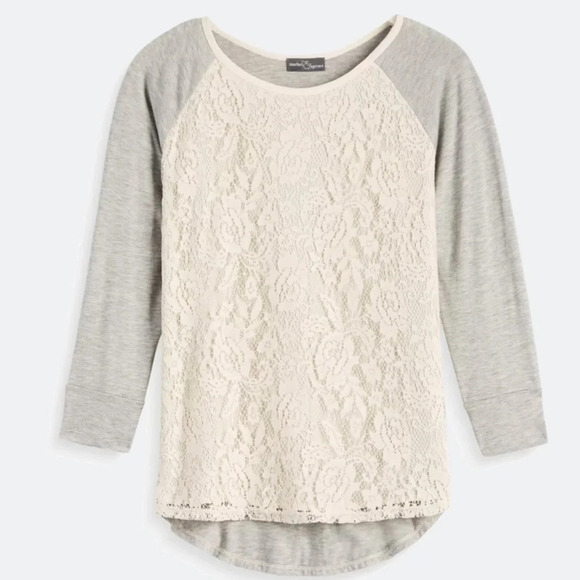 Market & Spruce Tops - Market & Spruce Bernadette Lace Overlay Raglan Top, lace baseball tee size small